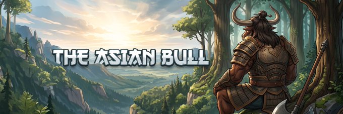 A muscular, horned warrior in ornate armor gazes over a lush, mountainous landscape with the stylized text "THE ASIAN BULL" displayed across the scene. The imagery conveys strength and triumph, aligning with the post's call for engagement and promotion of the $SOL token in a few-hour campaign.