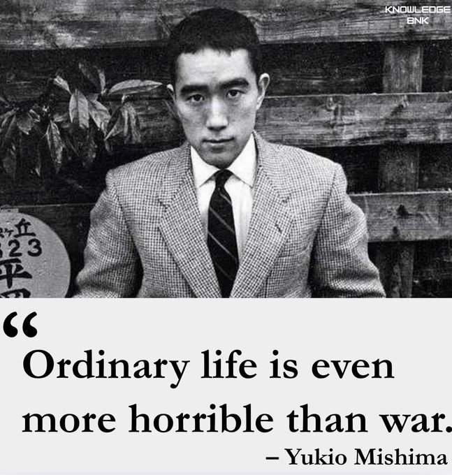 A black-and-white portrait of a young Japanese man in a checkered suit and tie, with a quote below reading 'Ordinary life is even more horrible than war.' – Yukio Mishima, branded with a 'KNOWLEDGE BNK' watermark.