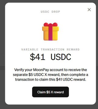 A MoonPay USDC Drop popup displays a $41 USDC variable transaction reward offer, requiring users to verify their MoonPay account to also claim a separate $5 USDC reward. The image illustrates the post's criticism by showing yet another substantial reward ($41 USDC + $5 USDC) that users in unsupported countries like India, Pakistan, and others are unable to access, highlighting the frustration of seeing valuable rewards they cannot redeem.