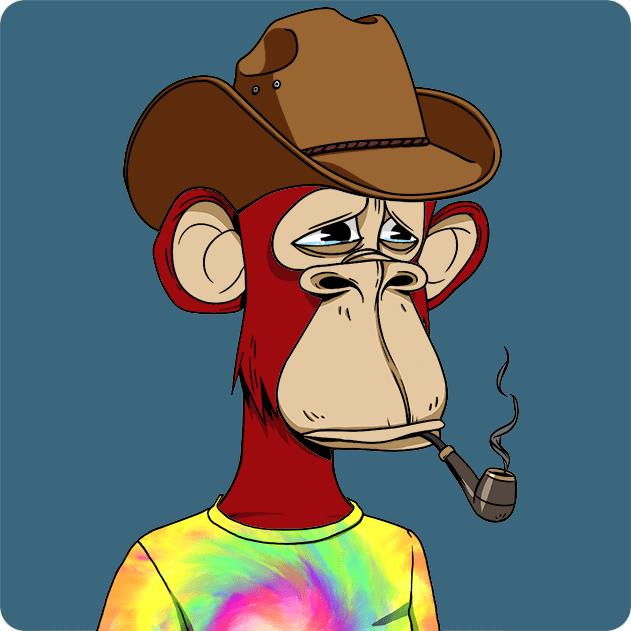 The image features a cartoon monkey wearing a cowboy hat, smoking a pipe while standing against a blue background. The caption of the image reads "Ape #9659 Bought for 9.88 ETH 0x8a16...4a03 0x5AFe...34E8 etherscan.io/tx/0x4432aca3d ... Return to Monke: opensea.io/collection/bor". The monkey is wearing a tie-dyed shirt, which adds a unique and colorful touch to the image.