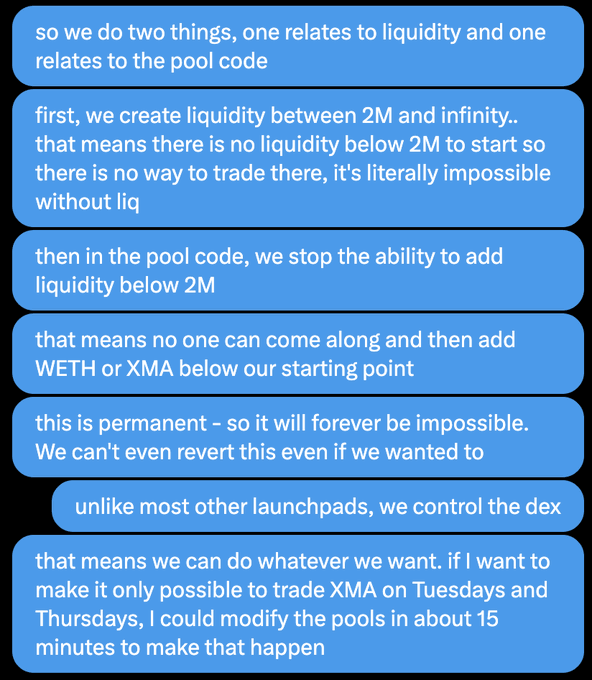 The image shows a series of emails discussing trading terms for the XMA contract on Monday. The emails contain details about the liquidity between 2m and infinity, with text explaining that there is no liquidity below 2m to start trading so we must stop trading at this point. The messages seem to be directed towards a pool where the XMA/WETH are being used, as well as how to leverage the assets in the pools for trading purposes.