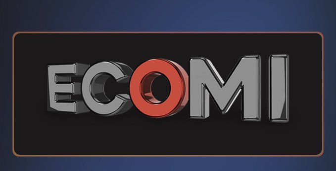 A 3D logo with metallic text reading 'ECOMI', where the 'O' is colored bright red, set against a black background with a thin red border.