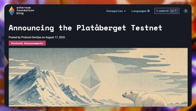 An Ethereum Foundation blog post titled 'Announcing the Plataberget Testnet', posted by Protocol DevOps on August 17, 2026, featuring an illustration of mountains and a polar bear with the Ethereum logo.