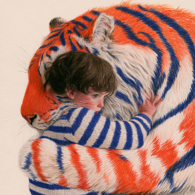 A detailed illustration of a child with dark bangs hugging a large orange and white tiger with blue stripes, rendered in a textured, colored pencil style.