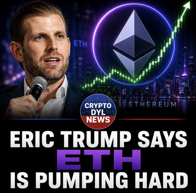 A YouTube thumbnail from "Crypto DYL News" features a man (presumably representing Eric Trump) speaking into a microphone alongside a glowing Ethereum (ETH) logo and an upward-trending green price chart. The bold headline reads "ERIC TRUMP SAYS ETH IS PUMPING HARD," visually reinforcing the post's message about Ethereum's recent price rally.