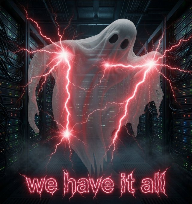 A ghostly figure surrounded by red lightning stands in a dark server room, with the glowing red text "we have it all" displayed below.