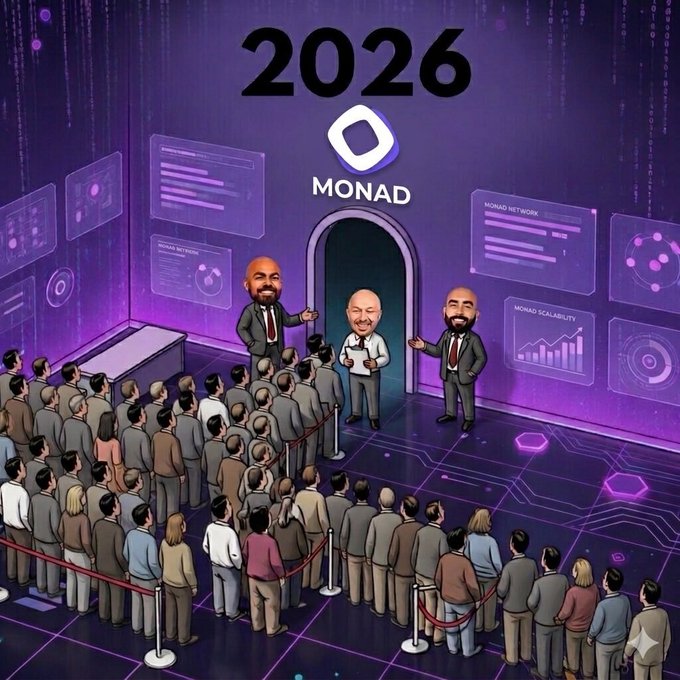 2026 Monad promotional illustration depicting three bearded figures greeting a crowd of people in line at a futuristic venue with 'Monad Network' and 'Monad Scalability' displays.