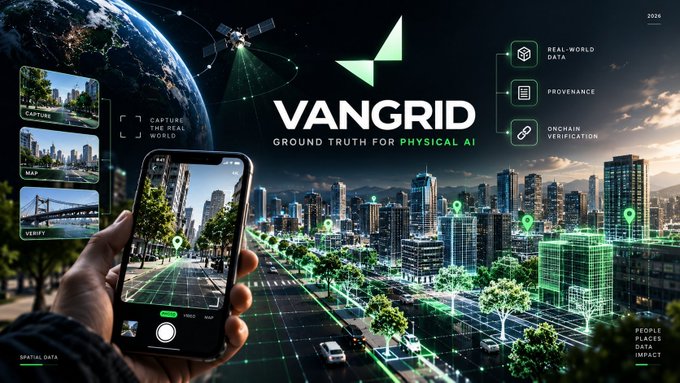 Promotional graphic for VanGrid, labeled 'Ground Truth for Physical AI,' showing a smartphone capturing a city overlaid with a green digital grid, with features listed as 'Real-World Data,' 'Provenance,' and 'Onchain Verification.'