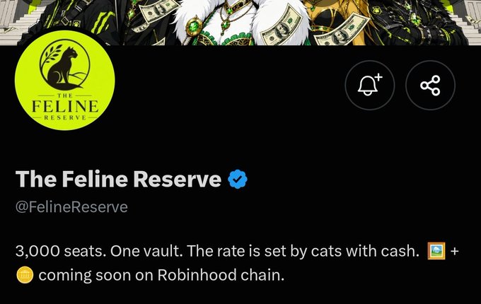 The image shows the Twitter/X profile of "The Feline Reserve" (@FelineReserve) with a verified blue checkmark, featuring a logo of a black cat silhouette and the bio: "3,000 seats. One vault. The rate is set by cats with cash. 🖼️ + 📜 coming soon on Robinhood chain." This aligns with the post highlighting the project's limited 3,000 supply, upcoming Robinhood chain launch, and current whitelist application process.