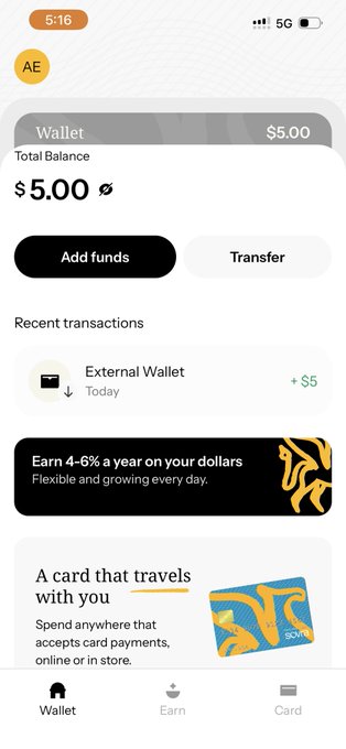 A mobile app screenshot of the Sovra money wallet interface showing a $5.00 total balance with options to add funds or transfer, an external wallet transaction of +$5 from today, and promotions for earning 4-6% annually and a travel card. The image illustrates the Sovra onboarding experience mentioned in the post, demonstrating how the app prioritizes usability by allowing users to interact with deposits and wallet features before requiring KYC verification.