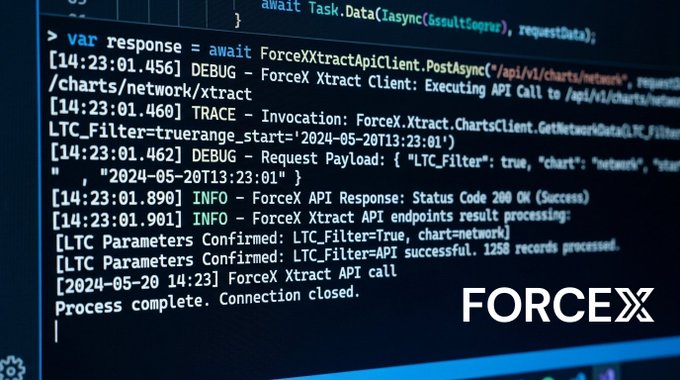 A terminal or command prompt displays debug logs from a ForceX Xtract API call, showing successful processing of network charts data with the FORCEX logo visible in the bottom right corner.