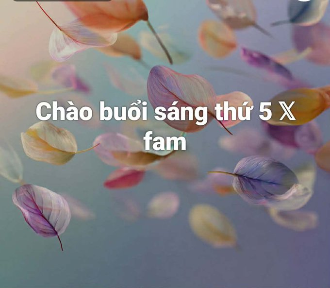A greeting image features colorful autumn leaves floating on a soft purple background with white text reading 'Chào buổi sáng thứ 5 X fam' (Good morning Thursday, love family in Vietnamese).