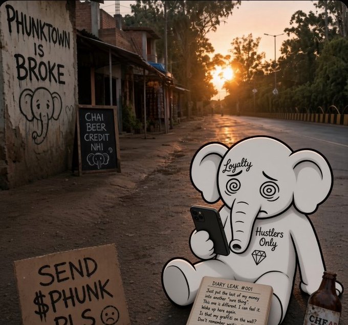 A cartoon elephant named Elephunk sits dejectedly on a deserted street in "Phunktown," staring at his phone while surrounded by satirical signs like "PHUNKTOWN IS BROKE" with a "Chai Beer Credit Nhi" chalkboard and a "SEND $PHUNK PLS" cardboard sign, with "Diary Leak #001" notes and "Hustlers Only" / "Loyalty" text tattooed on him — visually echoing the post's lament about an optimistic crypto investor who just made another bad investment while insisting it will pay off.