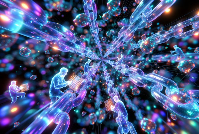 A glowing digital visualization shows ethereal humanoid figures working on interconnected crystalline structures and chains, symbolizing decentralized collaboration and meaningful computational labor. The image illustrates the concept of "proof of useful work" by depicting human contributors actively engaged in problem-solving rather than running abstract, energy-wasteful algorithms.