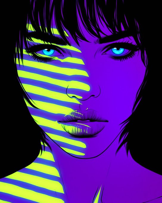 High-contrast neon stylized portrait of a woman with dark hair and blue eyes against a black background, overlaid with yellow horizontal blind-like light bands across one side of her face.