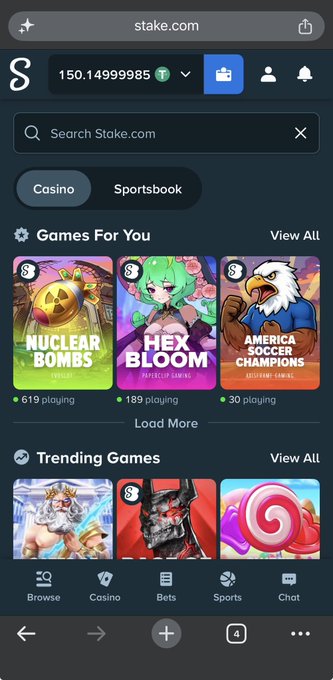 The image shows a mobile screenshot of the Stake.com website displaying a balance of 150.14999985 and sections like "Games For You" featuring titles such as Nuclear Bombs, Hex Bloom, and America Soccer Champions, along with "Trending Games" at the bottom. This relates to the post as it visually confirms the user's $150 receipt from Stake and showcases the available games they could play with the funds.