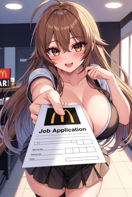 An anime-style illustration of a cheerful brown-haired woman in a revealing outfit handing forward a McDonald's-branded "Job Application" form.
