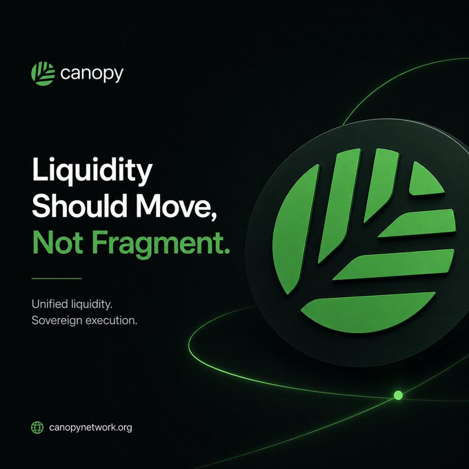 A dark promotional graphic for 'canopy' features green text reading 'Liquidity Should Move, Not Fragment. Unified liquidity. Sovereign execution.' with a large green logo and the URL canopynetwork.org.