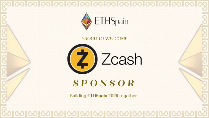 A promotional graphic for ETHSpain 2026 featuring the ETHSpain logo and text "PROUD TO WELCOME" above the Zcash logo, with "SPONSOR" and "Building ETHSpain 2026 together" below, all framed in an ornate gold border. The image announces Zcash (with their ticker $ZEC) as an official sponsor, aligning with the post's excitement about Zcash joining as a privacy-focused crypto partner for the event.