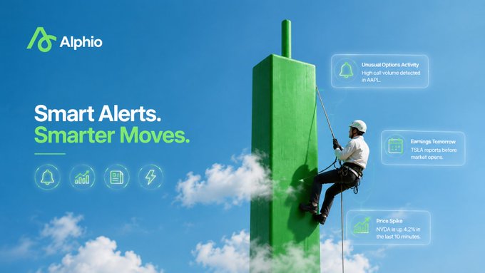 An advertisement for 'Alphio' featuring a worker climbing a green skyscraper with the tagline 'Smart Alerts. Smarter Moves.' and sample alerts for Unusual Options Activity, Earnings Tomorrow, and Price Spike.