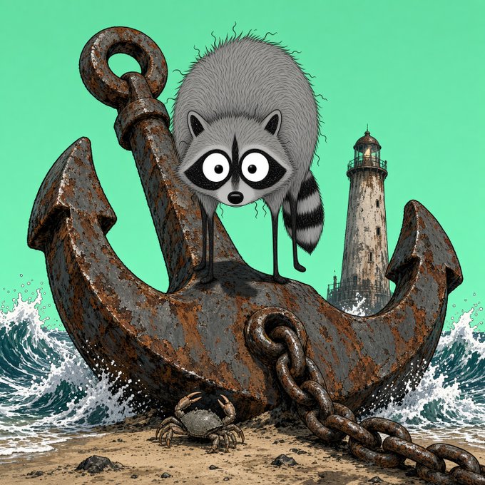 A cartoon-style illustration of a wide-eyed raccoon standing on a large rusty anchor on a beach, with a lighthouse in the background and a small crab in the foreground.