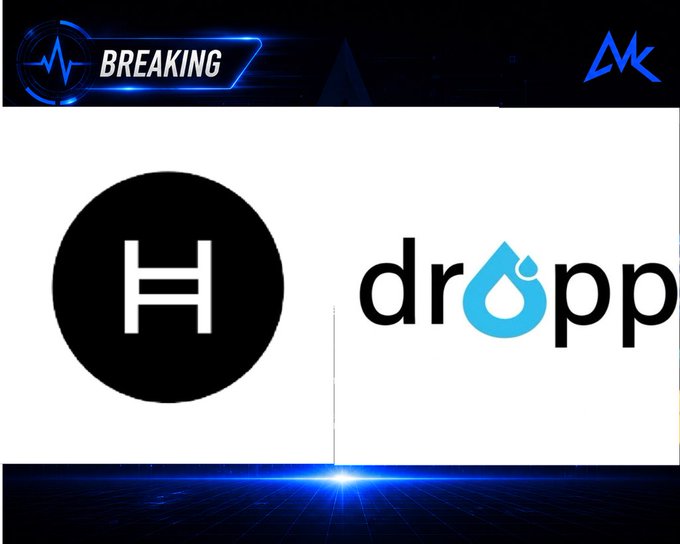A breaking news graphic displaying the logos for HBAR (Hedera) and Dropp side by side on a blue tech-style background.