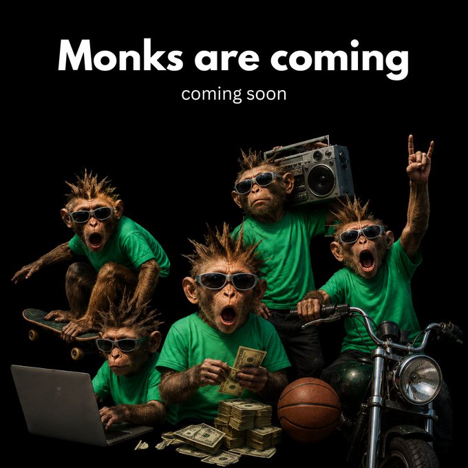 An AI-generated image showing five monkeys wearing green t-shirts and sunglasses, depicted in various scenarios with a skateboard, laptop, money, boombox, and motorcycle, with text reading 'Monks are coming coming soon'.