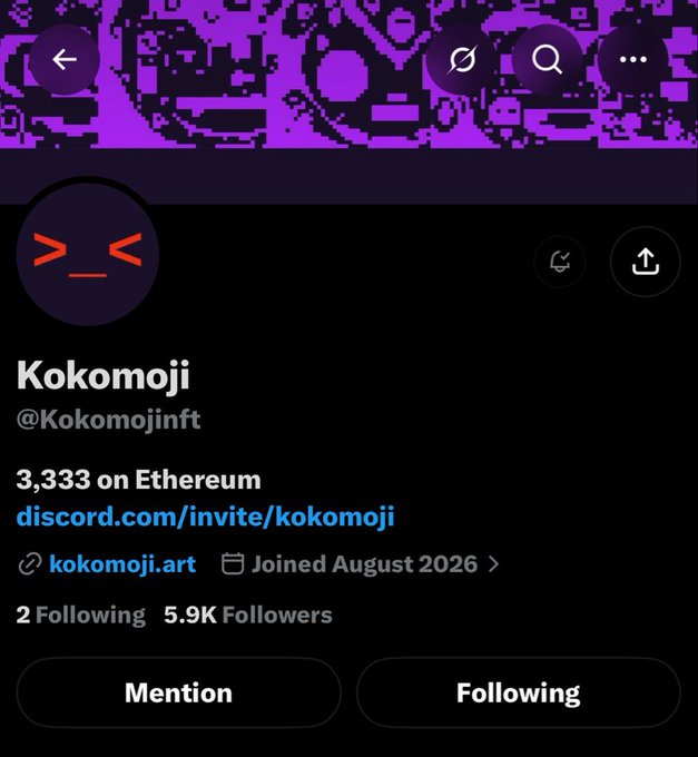 A screenshot of a social media profile for 'Kokomoji' (@Kokomojinft) showing a purple banner, a red angry emoji avatar, 5.9K followers, and a link to 'kokomoji.art'.