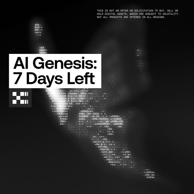 A dark promotional graphic reads "AI Genesis: 7 Days Left" in bold white text, with the OKX logo displayed in the lower left and a pixelated hand graphic made of code-like characters fading into the black background. A disclaimer at the top states the graphic is not an offer to buy or sell digital assets, while a small legal notice in the bottom right indicates the image is AI-generated, reinforcing the hackathon's focus on AI development.
