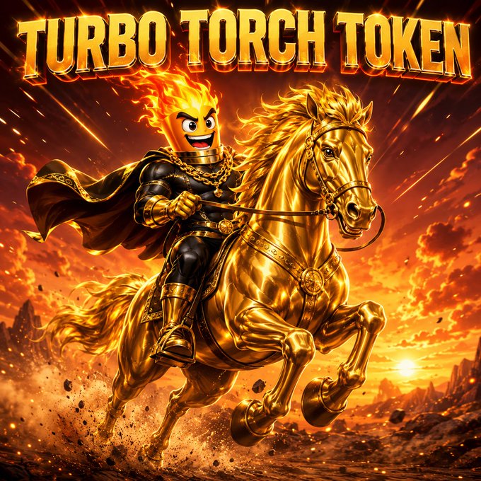 A dramatic digital illustration of a flaming Lego-like character wearing a black outfit and gold chains, riding a rearing golden horse, with the text 'TURBO TORCH TOKEN' at the top.