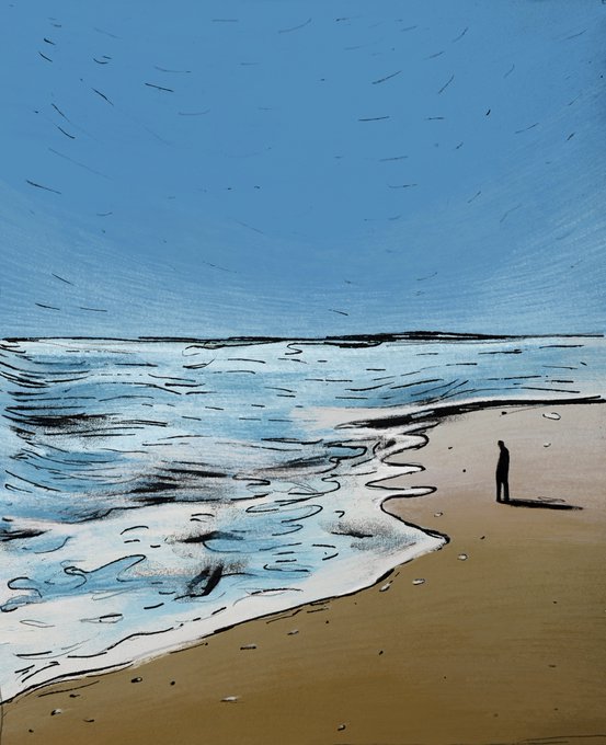 A painting of a lone figure standing on a sandy beach looking out at the ocean, rendered in a sketchy, expressive style with blue sky and water.