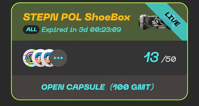 A user interface panel for a 'STEPN POL ShoeBox' shows a countdown timer 'Expired in 3d 00:23:09', a progress indicator '13/50', and an 'OPEN CAPSULE (100 GMT)' button.