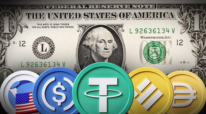 A close-up of a US one-dollar bill displaying George Washington's portrait is overlaid with various cryptocurrency coins including USDC, Tether, Binance, and DAI.