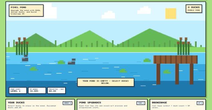 A pixel art game interface titled "P'DEEL POND" showing a pond scene with green hills, a wooden dock, and UI panels for "YOUR DUCKS," "POND UPGRADES," and "BROKERAGE."