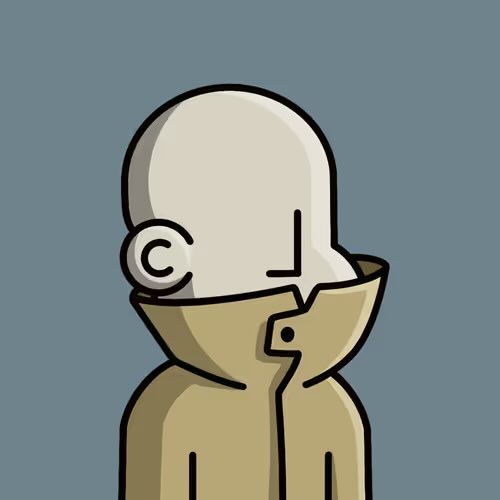 A minimalist digital illustration of a faceless, bald figure wearing a tan trench coat with the collar turned up against a plain gray-blue background.