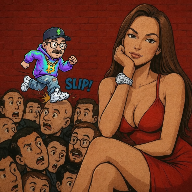Crypto meme illustration showing a woman in a red dress with a Richard Mille watch, surrounded by shocked onlookers, while a cartoon character wearing an Ethereum hat and Bitcoin chain slips on the crowd.