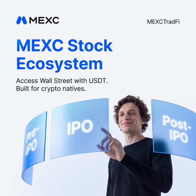 MEXC advertisement showing a young man pointing at three floating blue panels labeled 'Pre-IPO', 'IPO', and 'Post-IPO' with the tagline 'Access Wall Street with USDT. Built for crypto natives.'