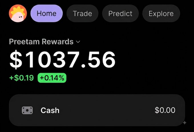 A screenshot of a crypto portfolio dashboard showing a "Preetam Rewards" balance of $1037.56 (+$0.19, +0.14%), with a Cash balance of $0.00. The image serves as social proof of earnings, likely to entice users to join the creator's Telegram giveaway for $SOL drops.