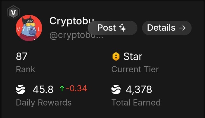 The image shows a postcard-style layout of a social media profile page for a cryptocurrency called Cryptobu. The postcard has a black background with white text, displaying various information about the user's account. The postcard includes details such as the user's rank in the cryptocurrency market, their current tier, and the total amount earned from trading Cryptobu. There is also an image of a coin symbol next to the postcard.