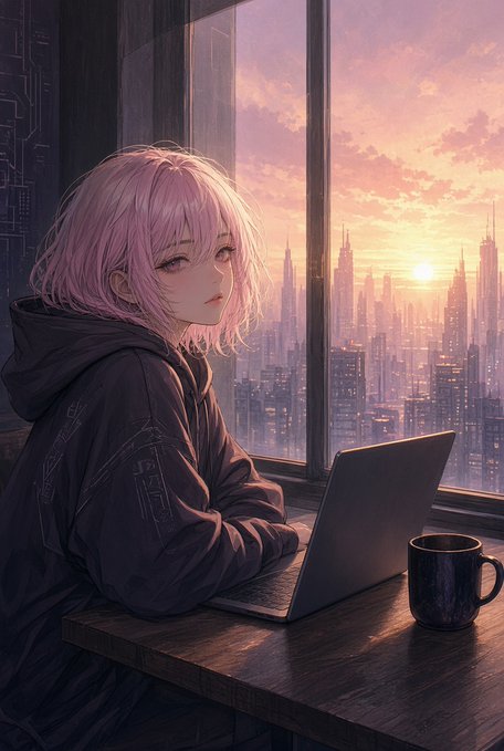 An anime-style illustration shows a pink-haired girl in an oversized dark hoodie working on a laptop beside a window overlooking a futuristic cityscape, with a coffee mug on the wooden desk.