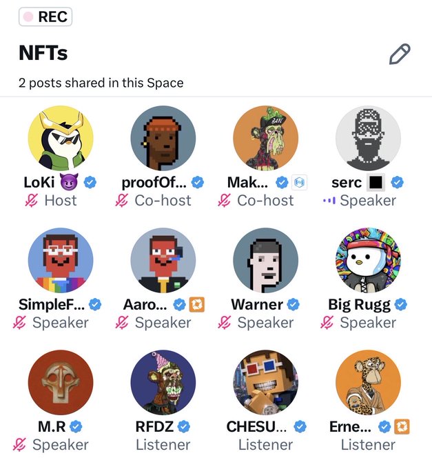 A screenshot of a Twitter Space titled 'NFTs' showing various NFT profile pictures with usernames like LoKi (Host), proofOf (Co-host), serc (Speaker), and others listed as speakers and listeners.
