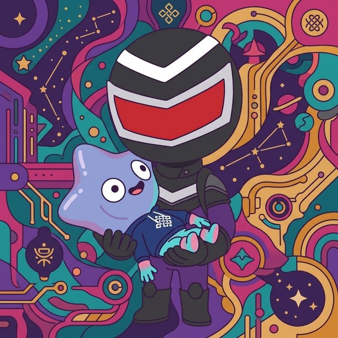 A vibrant digital illustration of an astronaut-like character with a red visor holding a small blue blob creature, set against a colorful cosmic background filled with stars and abstract patterns.