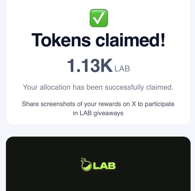 A confirmation screen showing "Tokens claimed!" with 1.13K LAB successfully allocated, alongside the LAB logo (featuring a flask icon) — visually supporting the post celebrating the token claim while highlighting the dramatic drop in value from its peak.