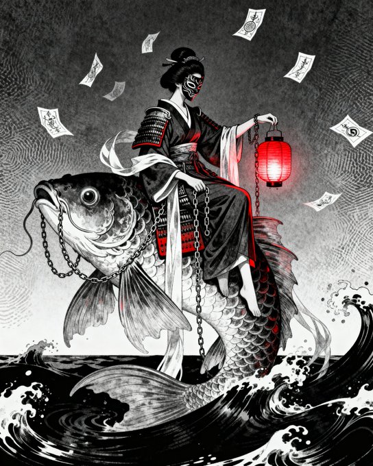 The image features a woman dressed in traditional Japanese clothing, riding a large fish that has been rendered in black and white. The fish appears to be swimming through water with waves around it, creating an atmosphere of movement and dynamism. The background is dark, which contrasts with the lighter elements in the foreground, making the fish and its rider stand out prominently. The post includes text that reads "Just minted! Lantern Sovereign° 1/1 ꜩ 판정이다." This suggests that the image might be related to a recent event or promotion, possibly involving lanterns or other Japanese-themed items.