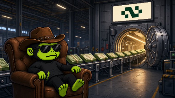 The image depicts a green "$NOTHING" mascot wearing a cowboy hat and sunglasses, lounging in a leather armchair inside what appears to be a vault or treasury facility with a conveyor belt of cash and a large vault door. The "$NOTHING" logo is displayed prominently on a screen above the vault, visually reinforcing the post's message about the Nothing Treasury generating impressive returns while the team relaxes.