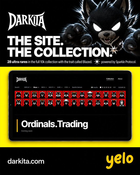 Promotional graphic for 'DARKITA' NFT collection on Sparkle Protocol, featuring a snarling black cat mascot and text 'THE SITE. THE COLLECTION. 28 ultra rares in the full 10k collection with the trait called Blazed.' with darkita.com and yelo branding.