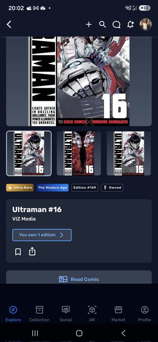 A mobile app screenshot showing a VIZ Media comic titled "Ultraman #16" by Eiichi Shimizu and Tomohiro Shimoguchi, tagged as "Ultra Rare" and "The Modern Age," Edition #149, with the user owning 1 edition.