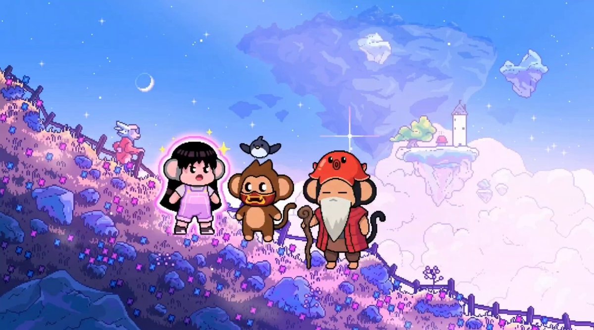 The image features a cartoon character of a girl with long hair, dressed in pink, standing next to two other cartoon characters - one wearing a red hat and another wearing a blue shirt. The background shows a sky filled with stars and clouds, giving the impression that they are on an island or floating in space. The post suggests that these cartoon characters might be part of a children's TV show or movie called "YT Kids", which features Chimpers as one of its main characters.