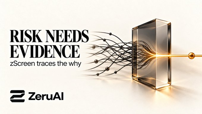 An advertisement for "zScreen" by ZeruAI with the tagline "RISK NEEDS EVIDENCE - zScreen traces the why," featuring an image of a transparent box with particle paths streaming through it.