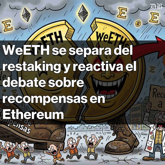 A cartoon illustration depicting ETH and WeETH as giant coins breaking apart or arguing, with small distressed characters below, overlaid with Spanish text reading "WeETH se separa del restaking y reactiva el debate sobre recompensas en Ethereum".